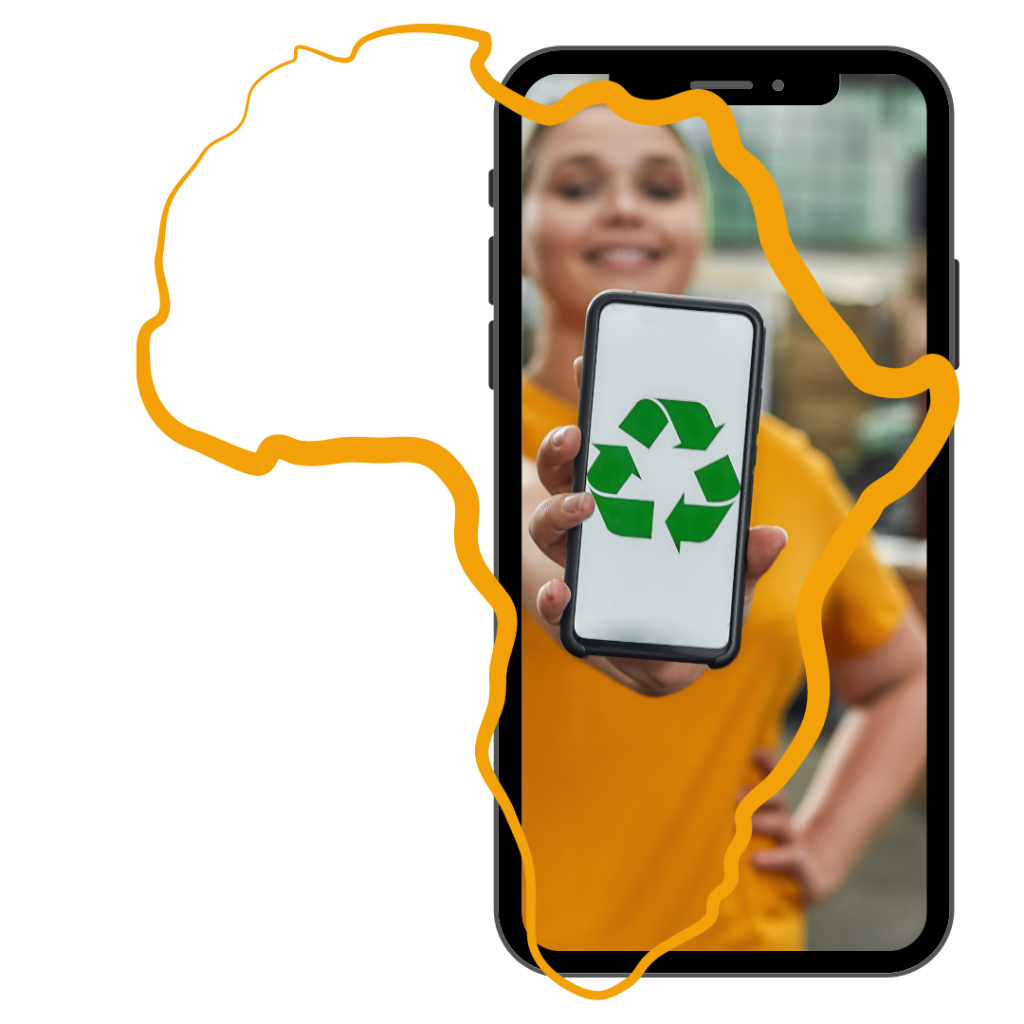 Girl holding a mobile phone with a recycling symbol and a map of Africa